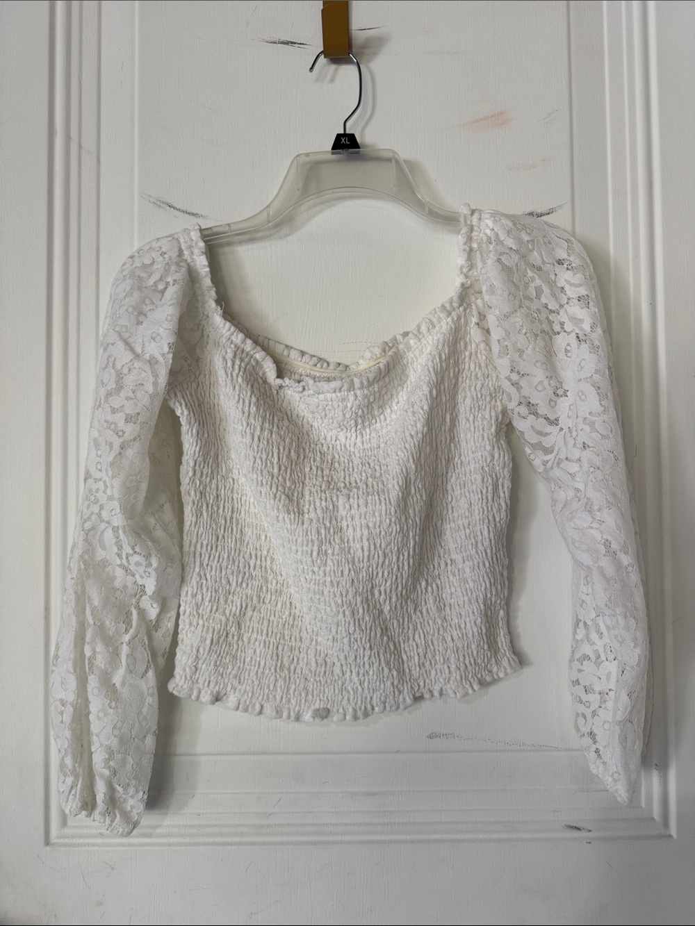Hollister White Lace-Sleeve Smocked Top
